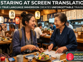 A women immersed in her travel experience to japan speaking Japanese to the waitress