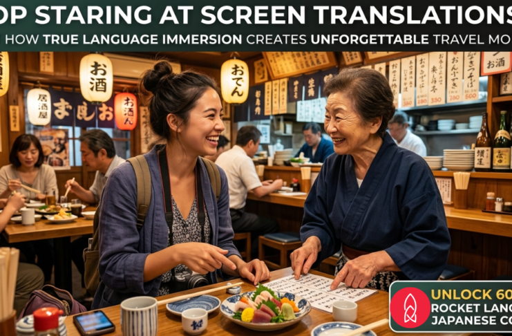 A women immersed in her travel experience to japan speaking Japanese to the waitress