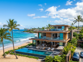 Modern beachfront villa with pool, palm trees, and paddleboards
