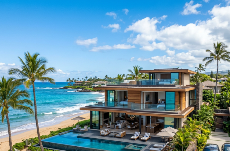 Modern beachfront villa with pool, palm trees, and paddleboards